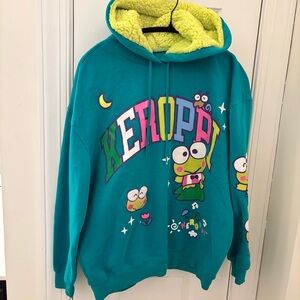 Sanrio Keroppi Frog Graphic Teal Green Warm Cozy Hoodie Fuzzy Lining size L